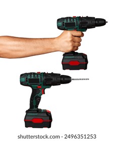 Set. Drill on a blank background. Cordless drill in a man's hand on a blank background