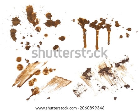 Set drops of mud sprayed isolated on white background, with clipping path