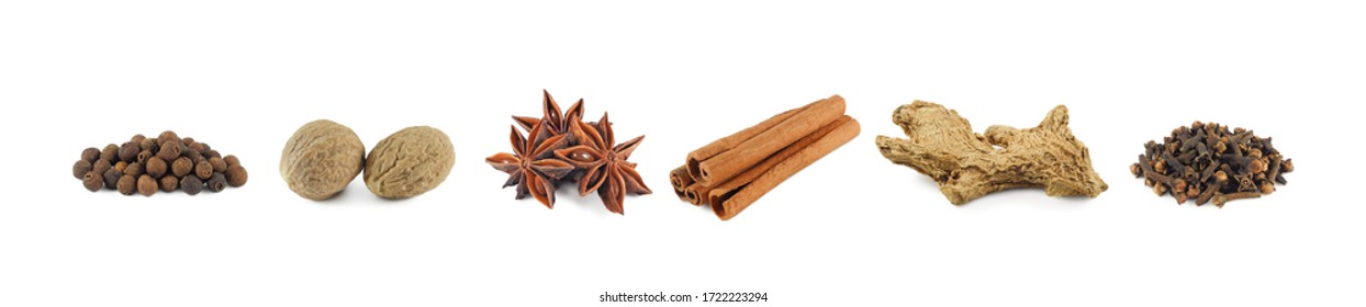 Set of dry spices isolated on white background: allspice, nutmeg, star anise, cinnamon sticks, dried ginger and clove side view     - Powered by Shutterstock