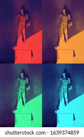 Set Of Duotone Images. Series Of 4 Statues In High Definition And Duotone. Roman Statue Declined In False Colors. Modern Pop Image Of Ancient Elements. Roman Ancient Statue In Duotone Modern Colors