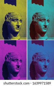 Set Of Duotone Images. Series Of 4 Statues In High Definition And Duotone. Roman Statue Declined In False Colors. Modern Pop Image Of Ancient Elements. Roman Ancient Statue In Duotone Modern Colors