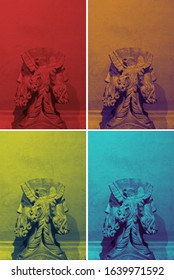 Set Of Duotone Images. Series Of 4 Statues In High Definition And Duotone. Roman Statue Declined In False Colors. Modern Pop Image Of Ancient Elements. Roman Ancient Statue In Duotone Modern Colors