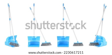 Set of dustpans with brooms isolated on white