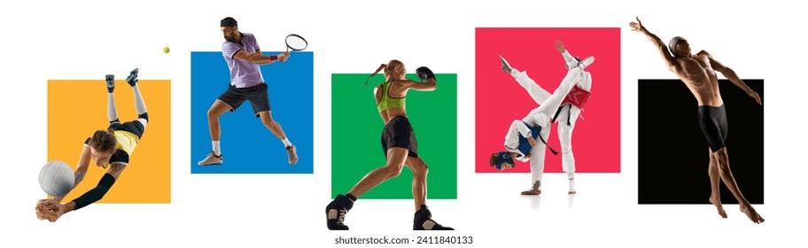 Set. Dynamic collage with active young people, athletes of various sports in uniform in motion during game over white background with multicolored elements. Concept of sport, tournament, competition - Powered by Shutterstock