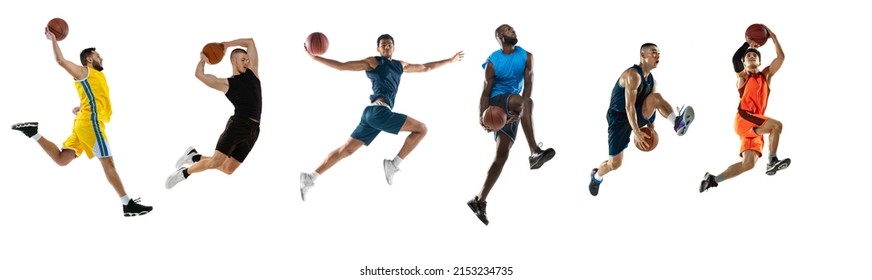 Set of dynamic portraits of professional basketball players jumping with ball isolated over white studio background. Concept of professional sport, health, active lifestyle. Horizontal flyer - Powered by Shutterstock