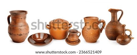 Set of earthenware isolated on white background. Wide photo. Free space for text. Collage.