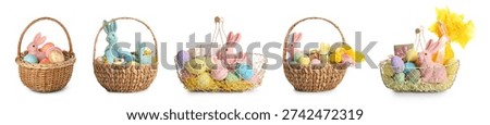 Set of Easter baskets with eggs and flowers on white background