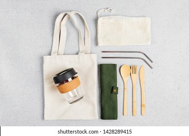 Set Of Eco Friendly Bamboo Cutlery, Eco Bag And Reusable Coffee Mug. Sustainable Lifestyle. Plastic Free Concept.