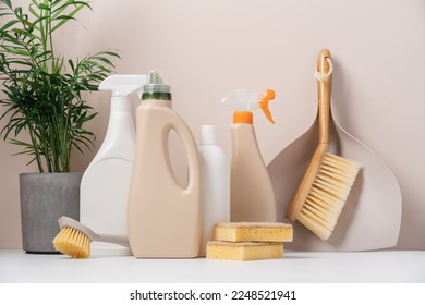 Set of eco-friendly cleaning tools on beige background with green plant. Concept of spring cleaning services with copy space