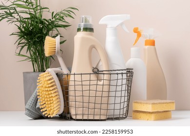 Set of eco-friendly cleaning tools on beige background with green plant. Concept of spring cleaning services with copy space - Powered by Shutterstock