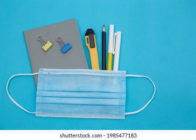 Set Of Education. School. Freelance, Office Tools And Medical Face Mask. Concept Social Distance, Distance Learning, Home Education, Coronavirus, Quarantine. Stay Home, Stay Safe