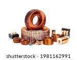 Set of electric copper coil inductor isolated on white background