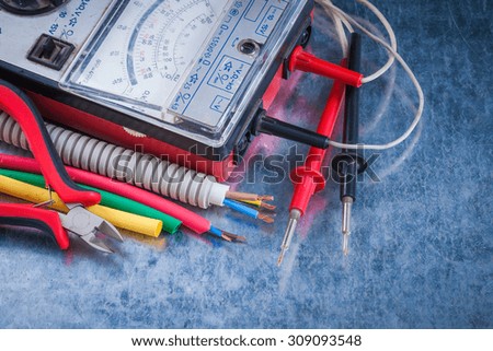 Set of electricity tools close up view construction concept.