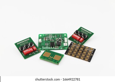 Set Of Electronic Components Isolated On White Background. PCB Assembly