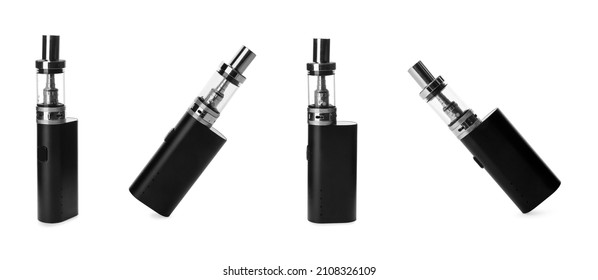 Set with electronic smoking devices on white background. Banner design