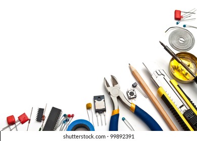Set Of Electronic Tools And Components On White Background