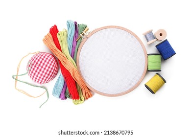 Cross Stitch Embroidery Accessories Linen Cloth In Hoop On White