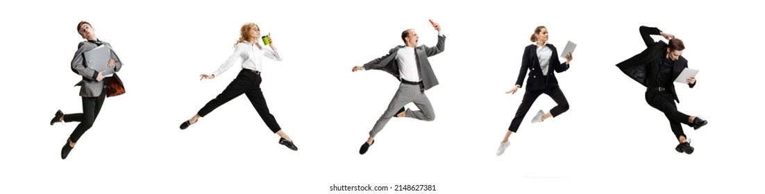 Set Of Emotional Office Workers Jumping And Dancing Isolated On White Background. Business, Motion, Immigration Concept. Horizontal Flyer. Young People In Motion And Action