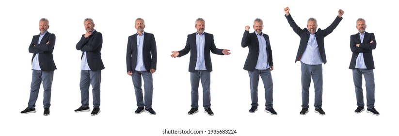 Set Of Emotional Portraits Of A Happy Thinking Confused Mature Man Isolated Over A White Background, Full Length Set