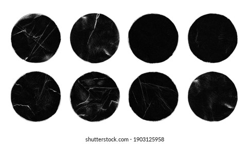 Set of Empty Black Scratched Circle Round Paper Peeled Stickers Isolated on White. Old Rough Black Empty Aged Damaged Disc Ring. Shabby Grunge Overlay Texture for Collage. 