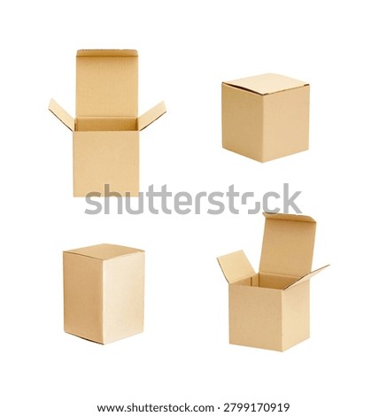 Set of empty cardboard box in different angles isolated on white background, packaging mockup