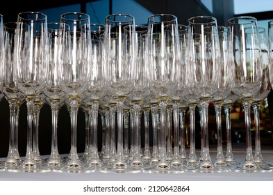 Set Of Empty Champagne Glasses For A Buffet Table