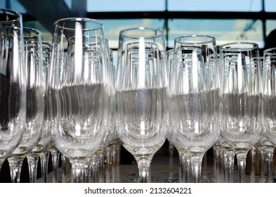 Set Of Empty Champagne Glasses For A Buffet Table