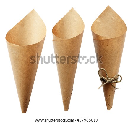 Set of empty craft paper cornets isolated on white
