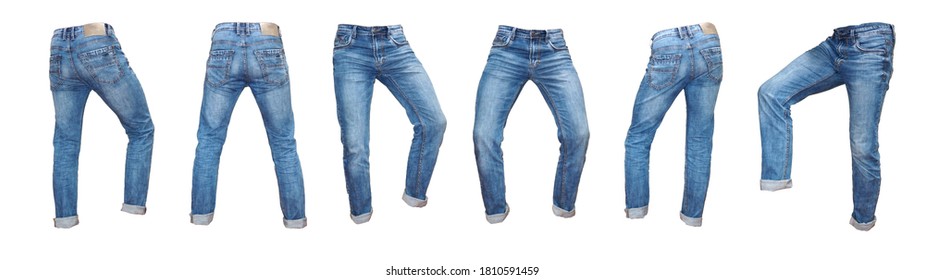 Set of empty denim jeans pants in different pose. Model fashion show blank textile design mock up
