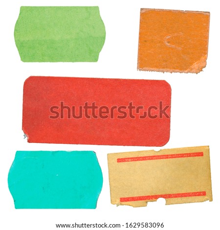 set of empty grungy adhesive price stickers, multicolored price tags, with free copy space, isolated on white background