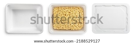 Set of empty white plastic plate or styrofoam food container and with instant noodles. Plastic tableware and lid isolated on white background with clipping path