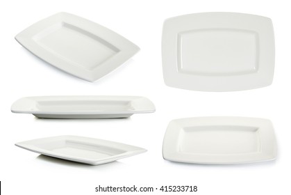 Set Empty White Square Plate Isolated On White Background.