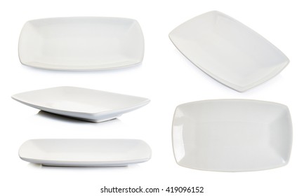 Set Empty White Square Plate Isolated On White Background.