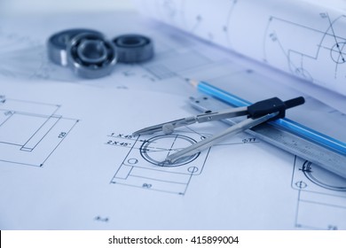 Set of engineering drawings closeup