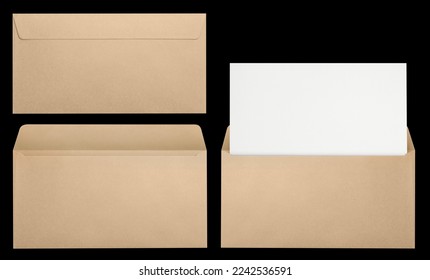 Set of envelopes (sealed, empty and with a blank paper inside), isolated on black background