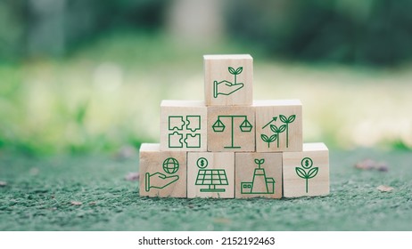 Set Of Environment, Social, And Governance ESG Concept. The Wooden Block With Thin Line Icons Such As Sustainable Ecological, Save Water And Energy, Honest People.