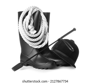 Set of equipment for horse riding on white background