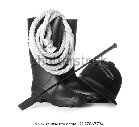 Set of equipment for horse riding on white background