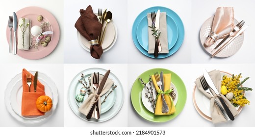 Set with examples of different beautiful table settings on white background, top view. Banner design - Shutterstock ID 2184901573
