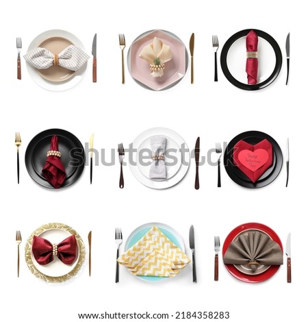 Set with examples of different beautiful table settings on white background, top view