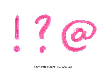 Set of exclamation point, question mark and at internet symbols written with a crayon isolated over the white background