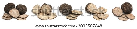 Set with expensive delicious black truffles on white background. Banner design Foto d'archivio © 