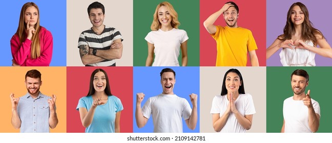 Set Of Expressive Caucasian People Showing Various Positive Emotions On Bright Studio Backgrounds, Panorama. Mosaic Of Female And Male Portraits. Diverse Men And Women With Different Face Expressions