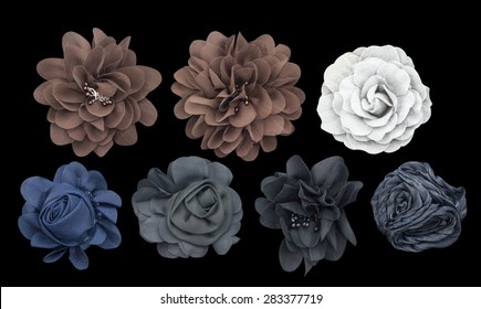 Set Of Fabric Flower Isolated On A Black Background