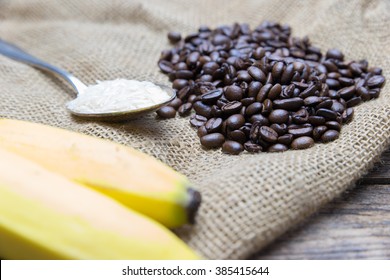 A Set Of Fair Trade Products - Banana, Coffee Beans And Rice