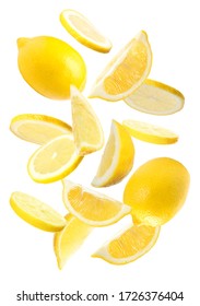 Set of falling delicious lemons on white background