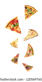 Set with falling different pizza slices on white background