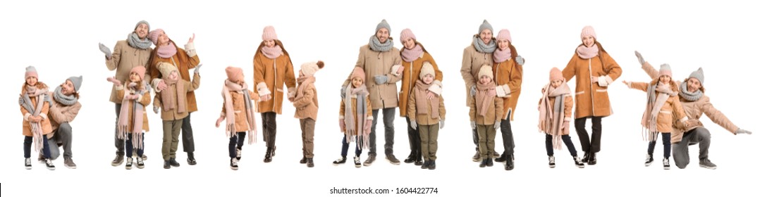 Set Of Family In Winter Clothes On White Background