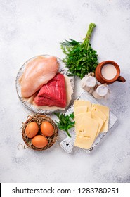 Set Of Farm Products. Beef And Chicken Meat, Eggs And Milk