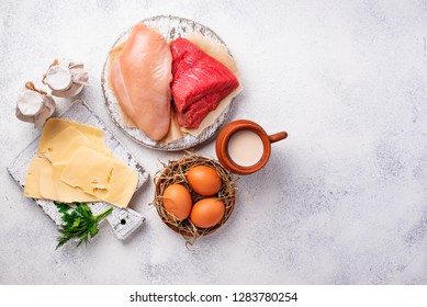 Set Of Farm Products. Beef And Chicken Meat, Eggs And Milk